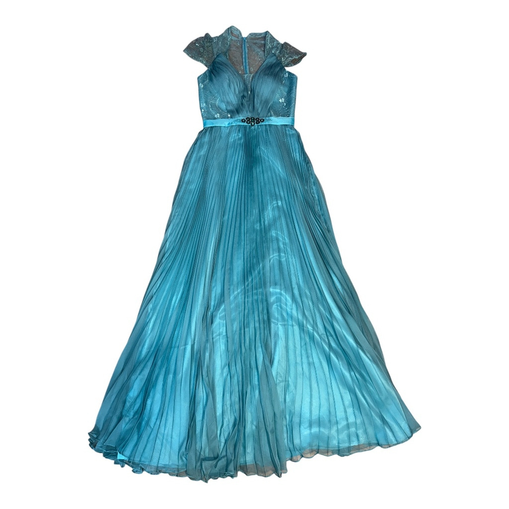 Pleated Floor Length Formal Gown, Turquoise Blue, Size 6, 63 inches Long - Picture 2 of 3
